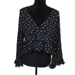 We My People Black Ruffle Crop Top V Neck Black White Boho Peasant Festival NEW